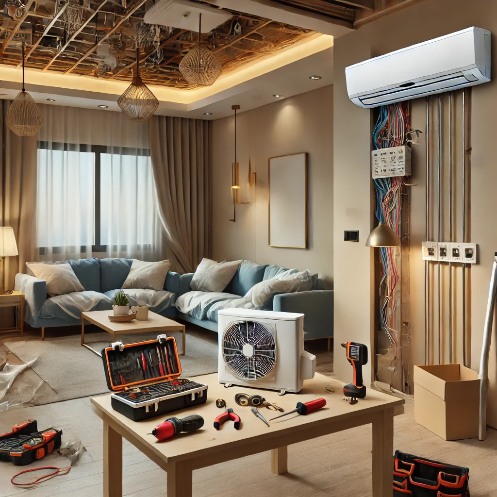 Technician installing an air conditioning unit in a modern living room